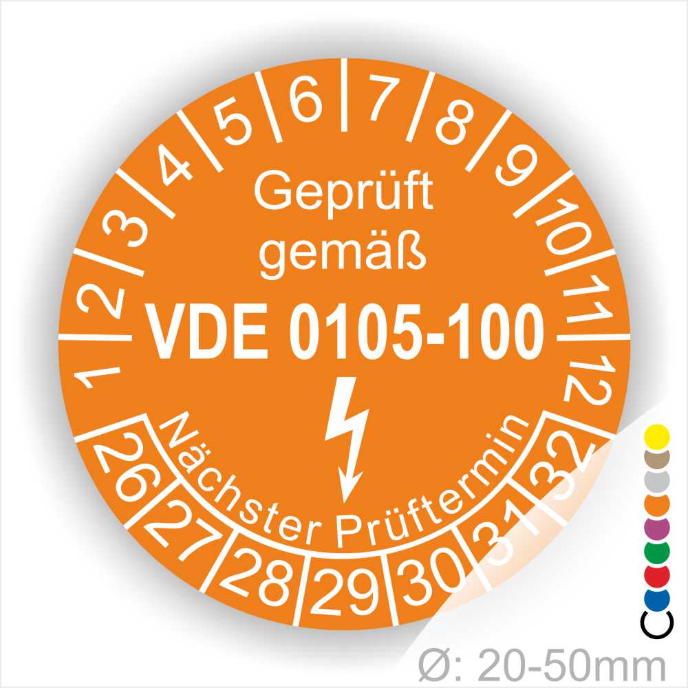Prüfplaketten rund, Text "geprüft gemäß VDE 0105-100" Farbe- Orange Startjahr- 26 mit Elektro Pfeil, Monatszahlen Oben und Jahreszahlen Unten