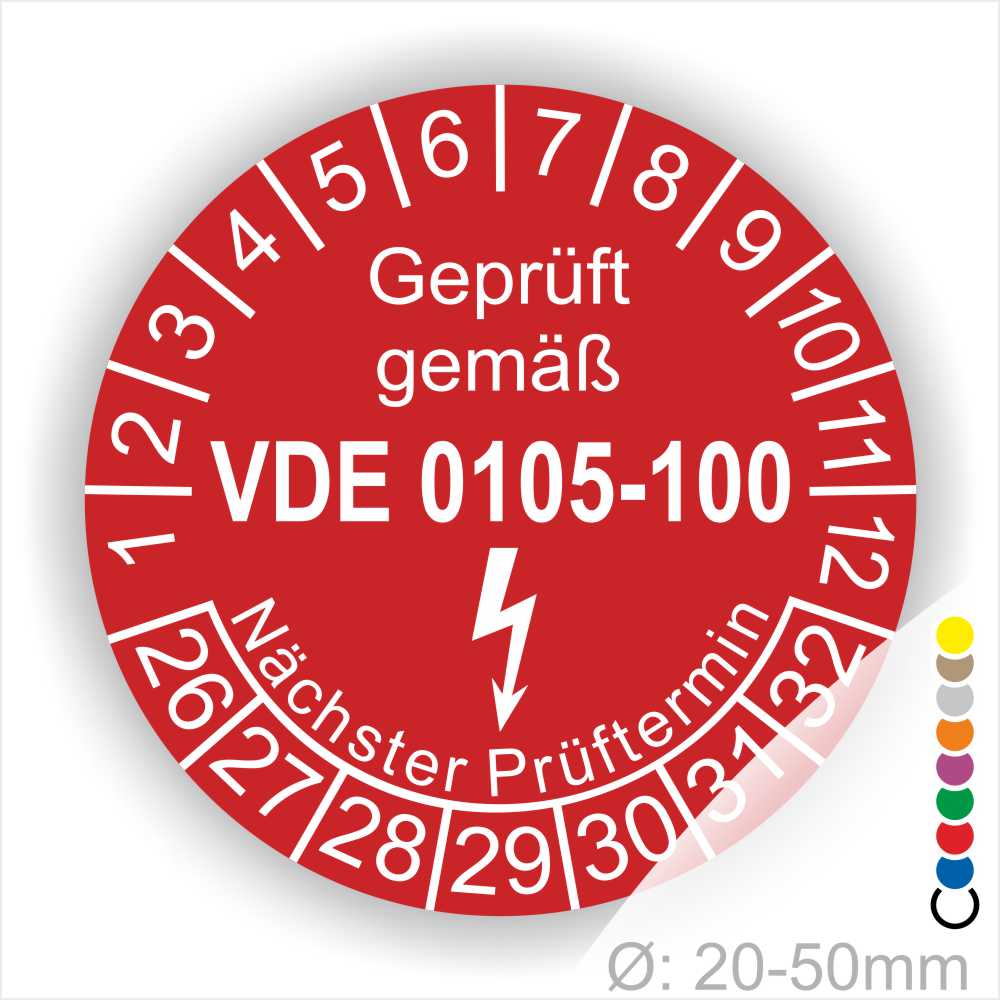DIN VDE 0105 Prüfplakette rund, Text "geprüft gemäß VDE 0105-100" Farbe- Rot Startjahr- 26 mit Elektro Pfeil, Monatszahlen Oben und Jahreszahlen Unten