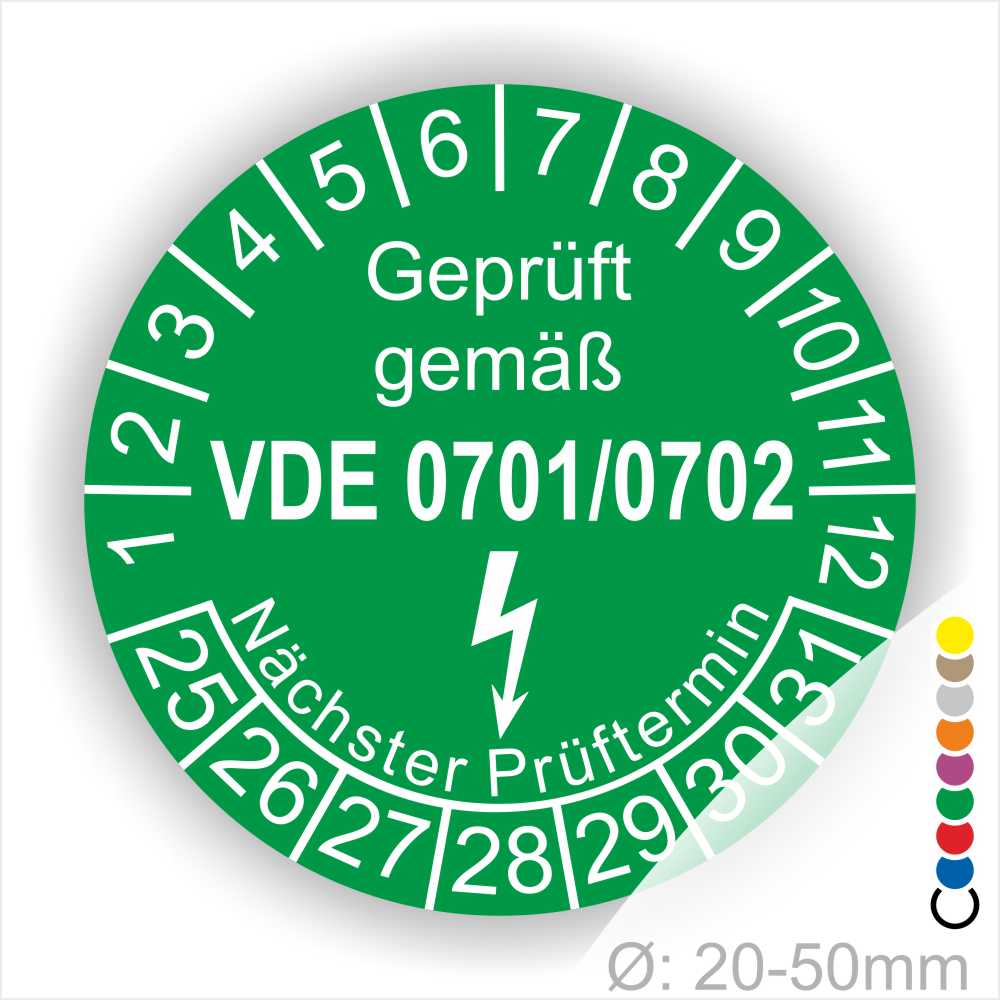 Pruefplakette VDE Prüfung 0701-0702 Farbe- Grün mit Elektro Pfeil und Monats und Jahreszahlen Startjahr- 25