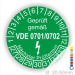 Pruefplaketten-vde-0701-0702 Farbe- Grün Startjahr- 27 mit Elektro Pfeil und Monats und Jahreszahlen