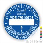 Prüfplakette mit Leerfeld zum Beschriften VDE-0701-0702 Farbe- Blau Startjahr- 26 mit Elektro Pfeil Monatszahlen und Jahreszahlen