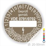 Prüfplakette mit Leerfeld zum Beschriften VDE-0701-0702 Farbe- Braun Startjahr- 26 mit Elektro Pfeil Monatszahlen und Jahreszahlen
