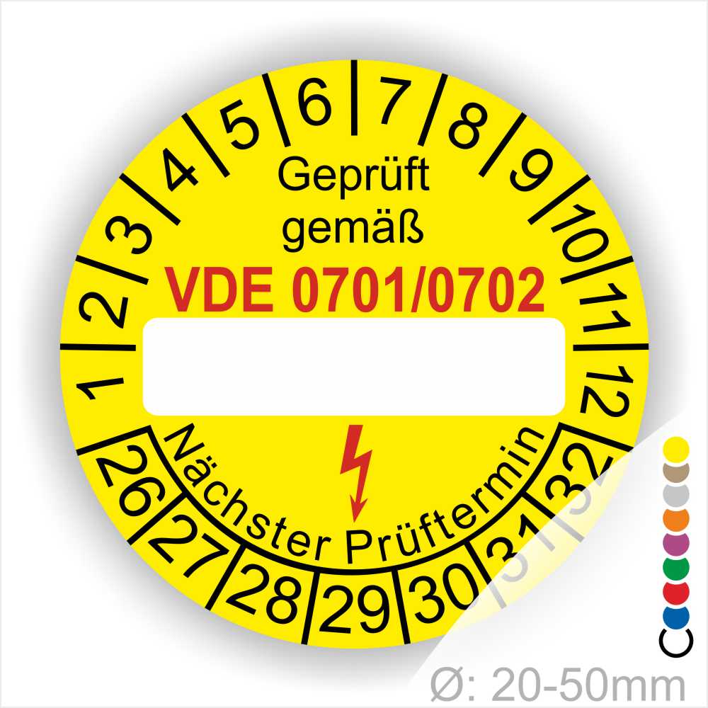 Prüfplakette mit Leerfeld zum Beschriften VDE-0701-0702 Farbe- Gelb Startjahr- 26 mit Elektro Pfeil Monatszahlen und Jahreszahlen