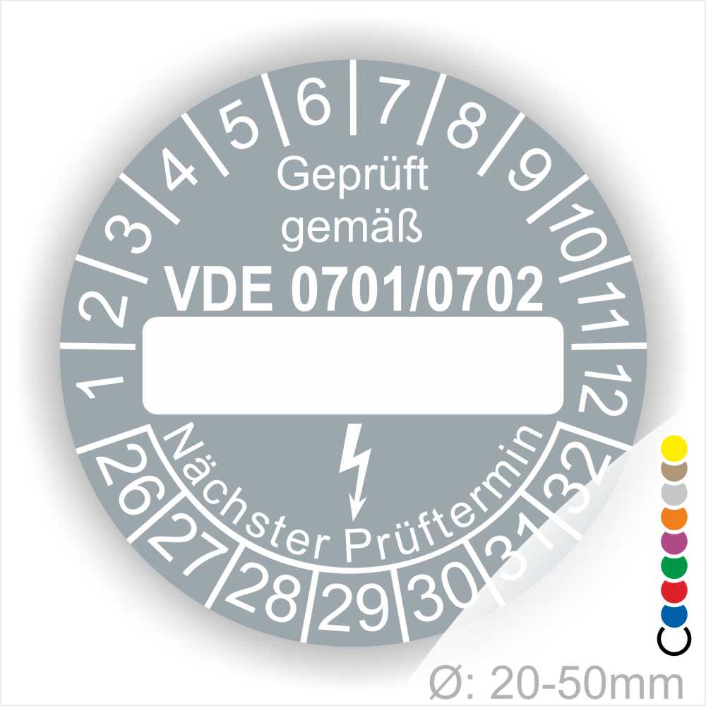 Prüfplakette mit Leerfeld zum Beschriften VDE-0701-0702 Farbe- Grau Startjahr- 24 mit Elektro Pfeil Monatszahlen und Jahreszahlen