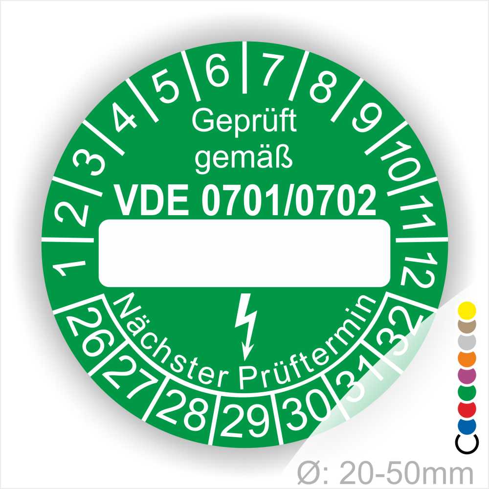 Prüfplakette mit Leerfeld zum Beschriften VDE-0701-0702 Farbe- Lila Startjahr- 26 mit Elektro Pfeil Monatszahlen und Jahreszahlen