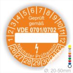 Prüfplakette mit Leerfeld zum Beschriften VDE-0701-0702 Farbe- Orange Startjahr- 26 mit Elektro Pfeil Monatszahlen und Jahreszahlen