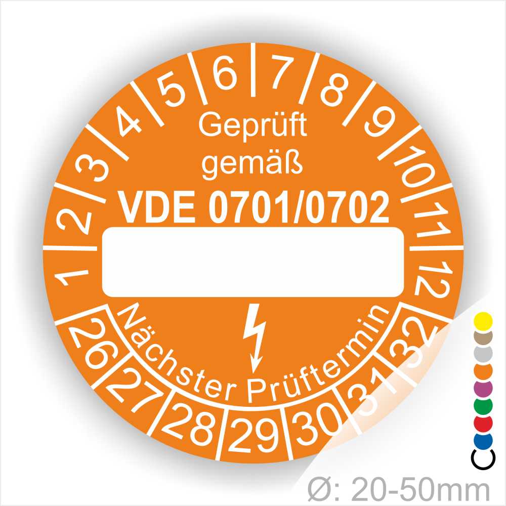 Prüfplakette mit Leerfeld zum Beschriften VDE-0701-0702 Farbe- Orange Startjahr- 26 mit Elektro Pfeil Monatszahlen und Jahreszahlen