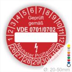 Prüfplakette mit Leerfeld zum Beschriften VDE-0701-0702 Farbe- Rot Elektro Pfeil Monatszahlen und Jahreszahlen