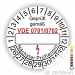 Prüfplakette mit Leerfeld zum Beschriften VDE-0701-0702 Farbe- Weiß Startjahr- 26 mit Elektro Pfeil Monatszahlen und Jahreszahlen