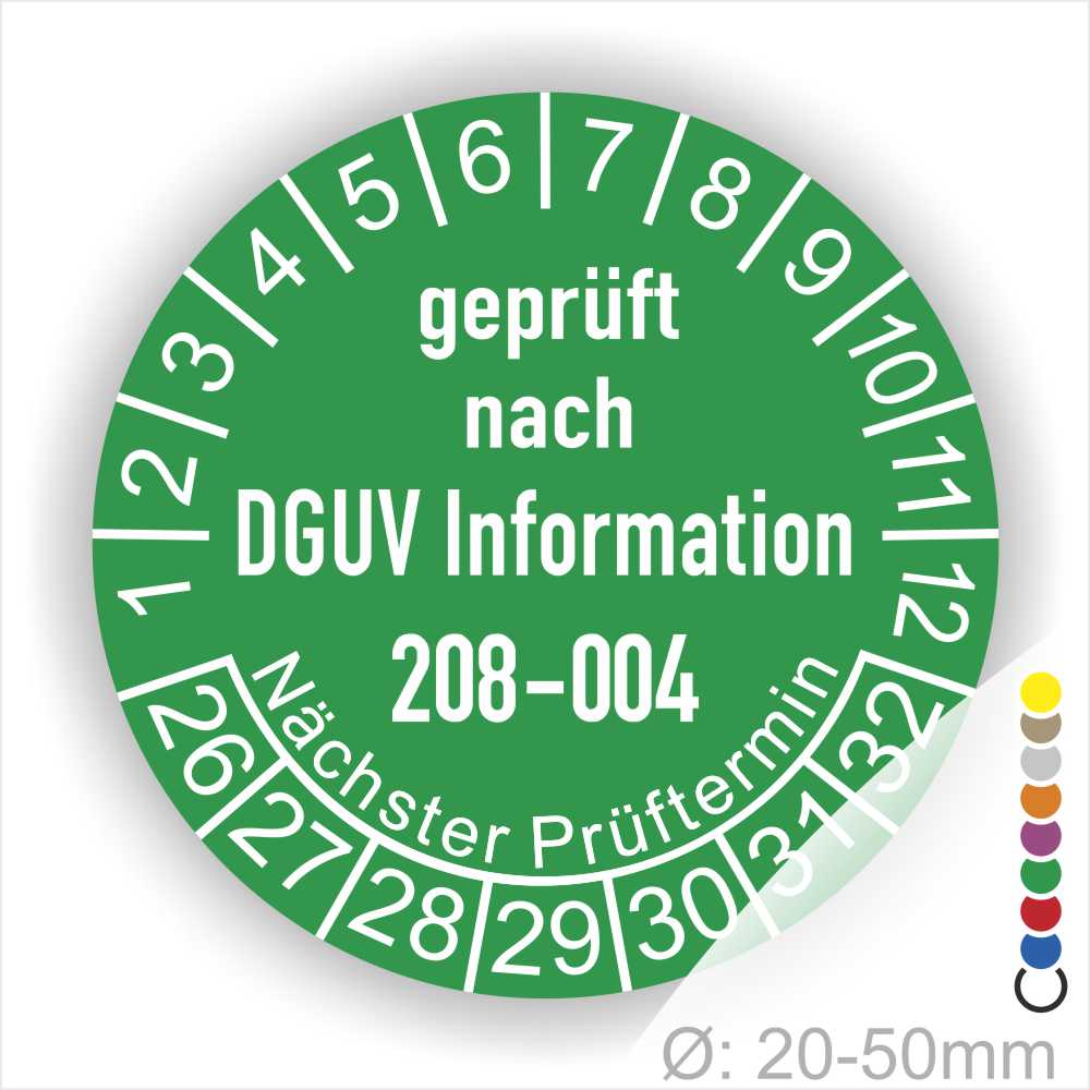 Prüfplakette Siegel DGUV Info 208-004 Farbe Grün, Statjahr 26