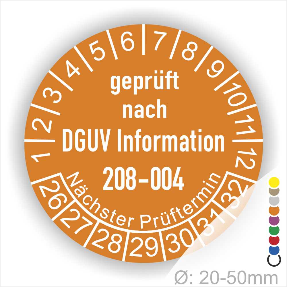 Prüfplakette Wartungs plakette DGUV Info 208-004 Farbe Orange, Statjahr 26
