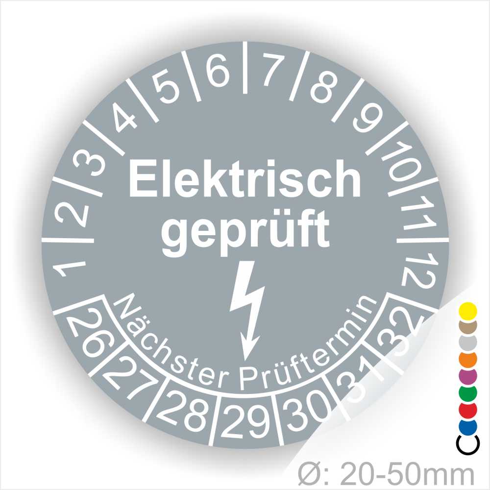 Prüfplaketten rund Farbe- Grau, Text "Elektrisch geprüft" in Weiß Startjahr- 26 mit Elektro Pfeil, Monatszahlen Oben und Jahreszahlen Unten in Kreisform