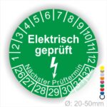 Prüfplaketten rund Farbe- Grün, Text "Elektrisch geprüft" in Weiß Startjahr- 26 mit Elektro Pfeil, Monatszahlen Oben und Jahreszahlen Unten in Kreisform