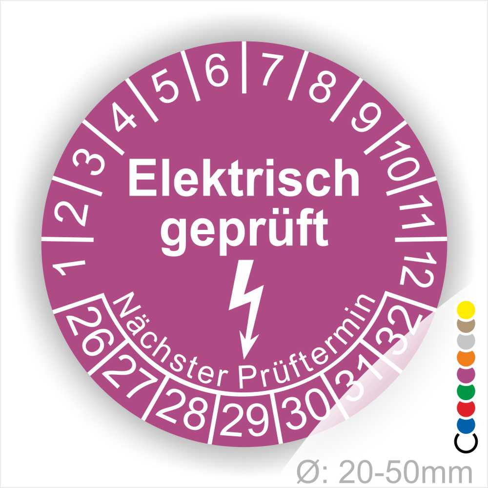 Prüfplaketten rund Farbe- Lila, Text "Elektrisch geprüft" in Weiß danach ein Elektro- Pfeil in Weiß, Startjahr- 26, Monatszahlen Oben und Jahreszahlen Unten in Kreisform