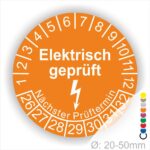 Prüfplaketten rund Farbe- Orange, Text "Elektrisch geprüft" in Weiß Startjahr- 26 mit Elektro Pfeil, Monatszahlen Oben und Jahreszahlen Unten in Kreisform