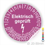 Prüfplaketten rund Farbe- Lila, Text "Elektrisch geprüft" in Weiß danach ein Elektro- Pfeil in Weiß, Startjahr- 27, Monatszahlen Oben und Jahreszahlen Unten in Kreisform