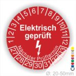 Prüfplaketten rund Farbe- Rot, Text "Elektrisch geprüft" in Weiß danach ein Elektro- Pfeil in Weiß, Startjahr- 27, Monatszahlen Oben und Jahreszahlen Unten in Kreisform