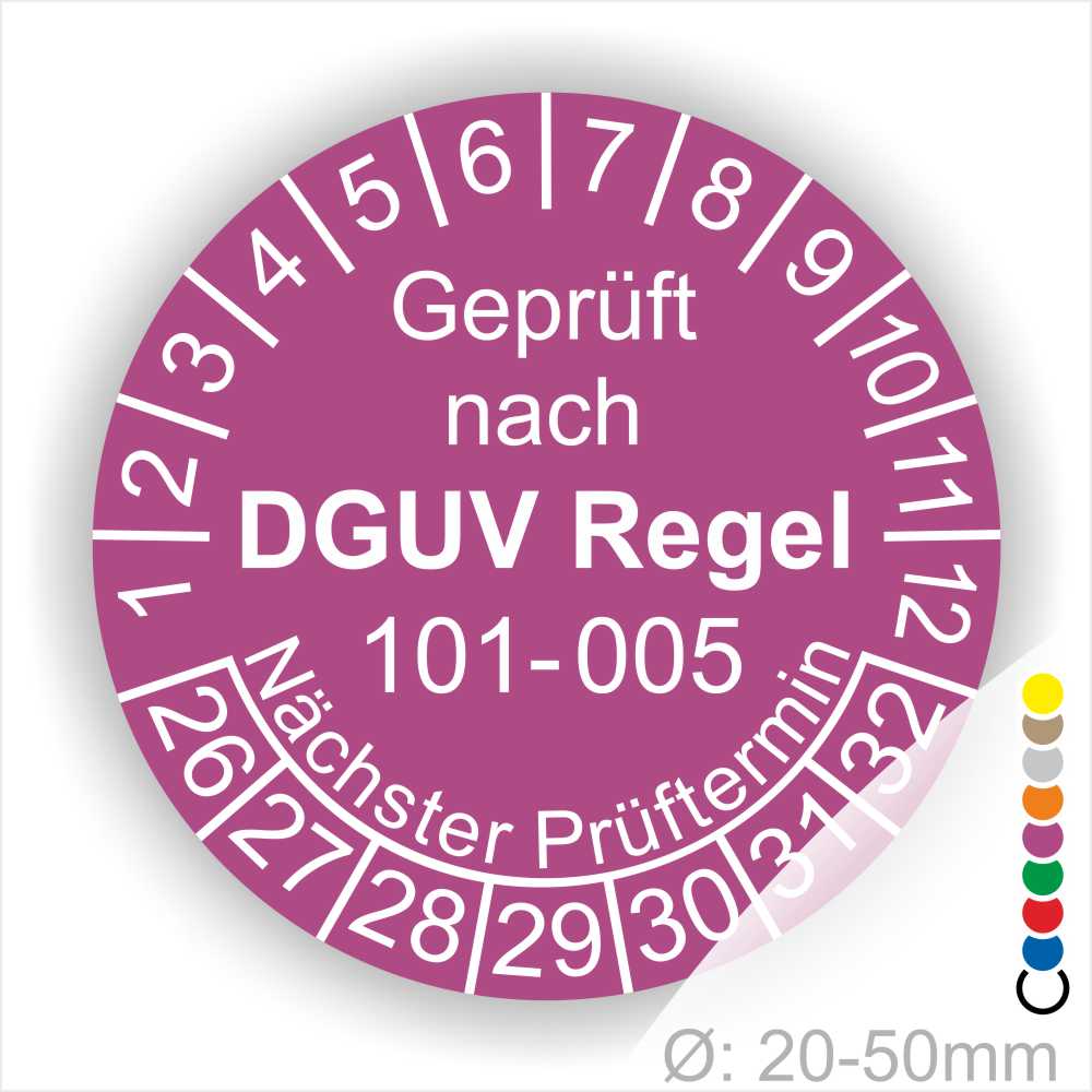 Prüfplaketten, Klebeetikett Prüfung DGUV Regel 101-005 Nächster Prüftermin. Plaketten Farbe- Lila und Text in Weis. Monatszahlen oben und Jahreszahlen unten beginnend mit Startjahr- 26 zur Prüfung von Hochziehbare Personenaufnahmemittel