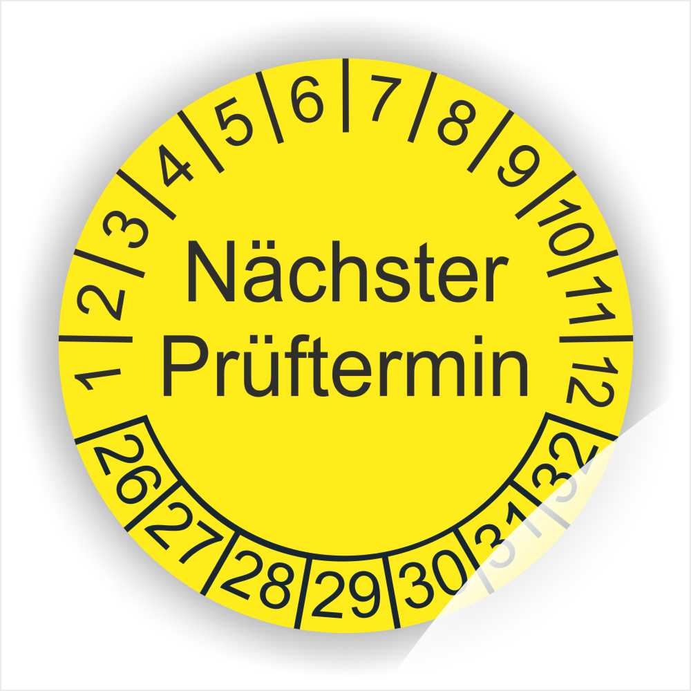 Wartungsaukleber, Prüfplakette mit Text Nächster Prüftermin Startjahr- 26, Monatszahlen Oben und Jahreszahlen Unten in Kreisform. Farbe Gelb