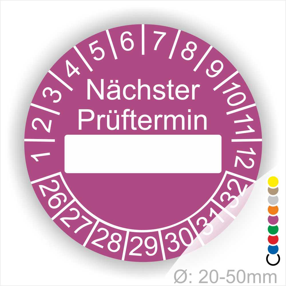 Prüfplakette, Prüfetikett rund, Farbe- Lila, Text "Nächster Prüftermin" in Weiß. Als nächstes kommt ein Beschriftungfeld / Leerfeld in Farbe Weiß. Startjahr- 26, Monatszahlen Oben und Jahreszahlen Unten in Kreisform.