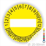 Prüfplaketten, Prüfetikett rund, Farbe- Gelb als nächstes kommt ein Beschriftungfeld / Leerfeld. Startjahr- 26, Monatszahlen Oben und Jahreszahlen Unten in Kreisform.