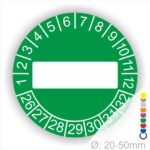 Prüfplaketten, Prüfetikett rund, Farbe- Gruen, Text " in Weiß. Als nächstes kommt ein Beschriftungfeld / Leerfeld in Farbe Weiß. Startjahr- 26, Monatszahlen Oben und Jahreszahlen Unten in Kreisform.