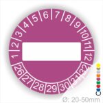 Prüfplaketten, Prüfetikett rund, Farbe- Lila, Text " in Weiß. Als nächstes kommt ein Beschriftungfeld / Leerfeld in Farbe Weiß. Startjahr- 26, Monatszahlen Oben und Jahreszahlen Unten in Kreisform.
