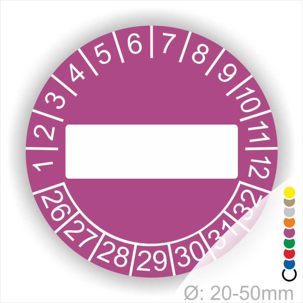 Prüfplaketten, Prüfetikett rund, Farbe- Lila, Text " in Weiß. Als nächstes kommt ein Beschriftungfeld / Leerfeld in Farbe Weiß. Startjahr- 26, Monatszahlen Oben und Jahreszahlen Unten in Kreisform.