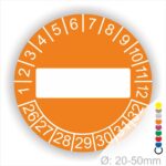 Prüfplaketten, Prüfetikett rund, Farbe- Orange, Text " in Weiß. Als nächstes kommt ein Beschriftungfeld / Leerfeld in Farbe Weiß. Startjahr- 26, Monatszahlen Oben und Jahreszahlen Unten in Kreisform.