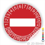 Prüfplaketten, Prüfetikett rund, Farbe- Rot, Text " in Weiß. Als nächstes kommt ein Beschriftungfeld / Leerfeld in Farbe Weiß. Startjahr- 26, Monatszahlen Oben und Jahreszahlen Unten in Kreisform.