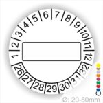 Prüfplaketten, Prüfetikett rund, Farbe- Weiss, Text " in Schwarz. Als nächstes kommt ein Beschriftungfeld / Leerfeld. Startjahr- 26, Monatszahlen Oben und Jahreszahlen Unten in Kreisform.