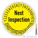 Prüfplaketten, Prüfetiketten rund, Farbe- Gelb, Text auf Englisch "Next Inspection" in Schwarz. Startjahr- 26, Monatszahlen Oben und Jahreszahlen Unten in Kreisform.