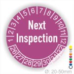 Prüfetiketten, Prüfaukleber rund, Farbe- Lila, Text auf Englisch "Next Inspection" in Weiß. Startjahr- 26, Monatszahlen Oben und Jahreszahlen Unten in Kreisform.