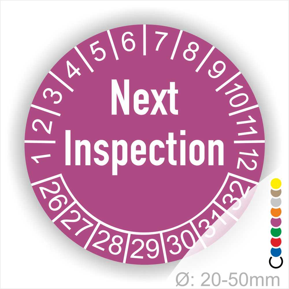 Prüfetiketten, Prüfaukleber rund, Farbe- Lila, Text auf Englisch "Next Inspection" in Weiß. Startjahr- 26, Monatszahlen Oben und Jahreszahlen Unten in Kreisform.