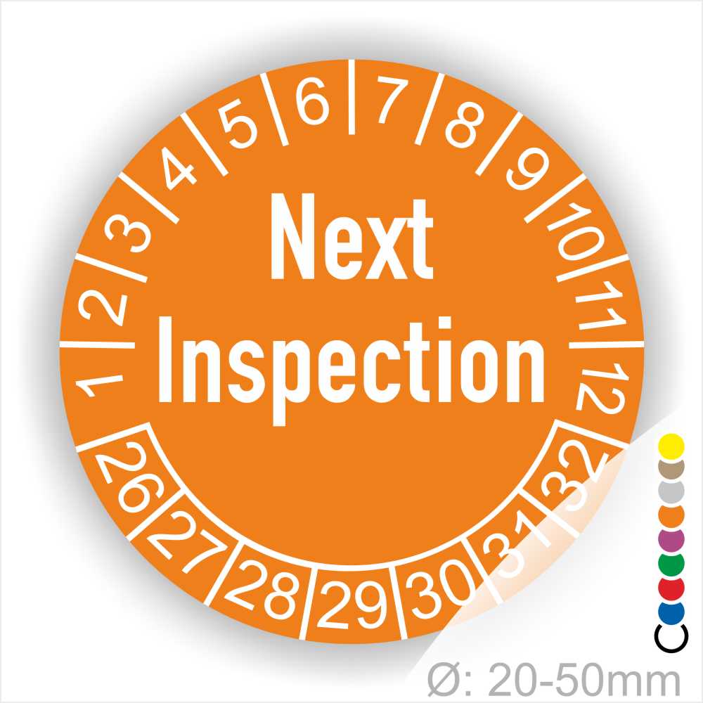 Prüfetiketten, Prüfaukleber rund, Farbe- Orange, Text auf Englisch "Next Inspection" in Weiß. Startjahr- 26, Monatszahlen Oben und Jahreszahlen Unten in Kreisform.