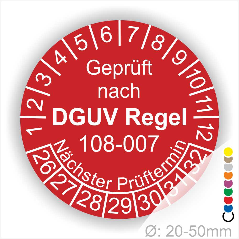 Prüfplaketten, Wartungssticker DGUV Regel 112-198-199 Prüfplakette rund mit Text geprüft nach DGUV Regel 112-198-199 Prüftermin. Plaketten Farbe- Weiss und Text in Schwarz. Monatszahlen oben und Jahreszahlen unten beginnend mit Startjahr- 26 zur Prüfung von Schutzausrüstung