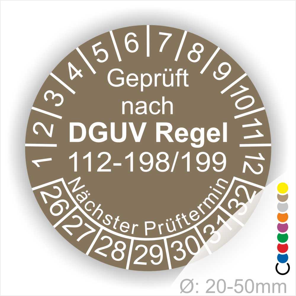 Mehrjahresplakette 112-198-199 Prüfplakette rund mit Text geprüft nach DGUV Regel 112-198-199 Prüftermin. Plaketten Farbe- Braun und Text in Weiß. Monatszahlen oben und Jahreszahlen unten beginnend mit Startjahr- 26 zur Prüfung von Schutzausrüstung