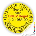 Prüfaufkleber DGUV Regel 112-198-199 Prüfplakette rund mit Text geprüft nach DGUV Regel 112-198-199 Prüftermin. Plaketten Farbe- Gelb und Text in Schwarz. Monatszahlen oben und Jahreszahlen unten beginnend mit Startjahr- 26 zur Prüfung von Schutzausrüstung
