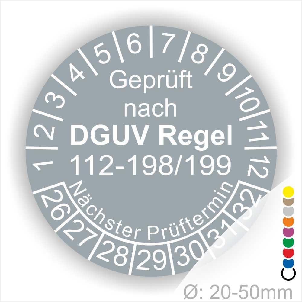 Servicesticker 112-198-199 Prüfplakette rund mit Text geprüft nach DGUV Regel 112-198-199 Prüftermin. Plaketten Farbe- Grau und Text in Weiß. Monatszahlen oben und Jahreszahlen unten beginnend mit Startjahr- 26 zur Prüfung von Schutzausrüstung