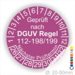 Wartungsaukleber DGUV Regel 112-198-199 Prüfplakette rund mit Text geprüft nach DGUV Regel 112-198-199 Prüftermin. Plaketten Farbe- Lila und Text in Weiß. Monatszahlen oben und Jahreszahlen unten beginnend mit Startjahr- 26 zur Prüfung von Schutzausrüstung