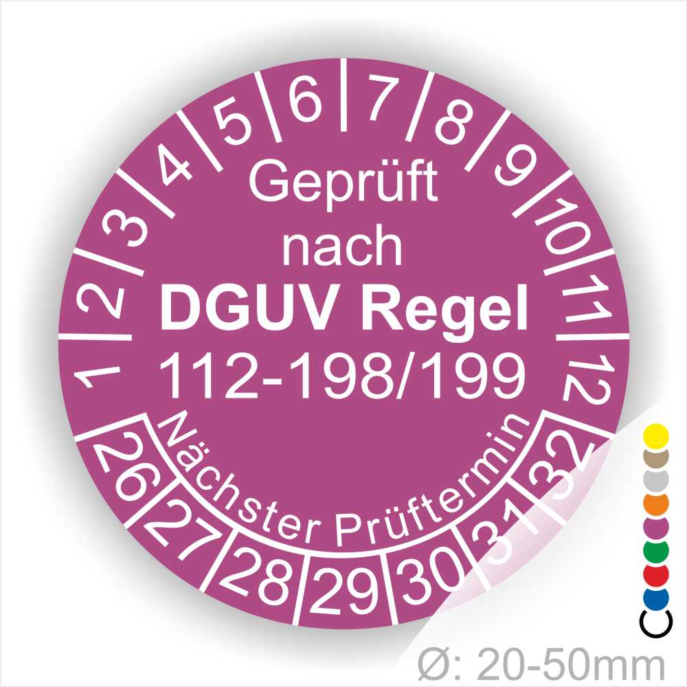 Wartungsaukleber DGUV Regel 112-198-199 Prüfplakette rund mit Text geprüft nach DGUV Regel 112-198-199 Prüftermin. Plaketten Farbe- Lila und Text in Weiß. Monatszahlen oben und Jahreszahlen unten beginnend mit Startjahr- 26 zur Prüfung von Schutzausrüstung
