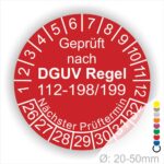 Wartungssiegel DGUV Regel 112-198-199 Prüfplakette rund mit Text geprüft nach DGUV Regel 112-198-199 Prüftermin. Plaketten Farbe- Rot und Text in Weiß. Monatszahlen oben und Jahreszahlen unten beginnend mit Startjahr- 26 zur Prüfung von Schutzausrüstung