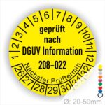 Prüfplaketten rund Text: DGUV Information 208-022. Plaketten Farbe- Gelb und Text in Schwarz. Monatszahlen oben und Jahreszahlen unten beginnend mit Startjahr- 26. Durchmesser 20-50mm frei wählbar.