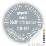Prüfplaketten rund Text: DGUV Information 208-022. Plaketten Farbe- Grau und Text in Weiß. Monatszahlen oben und Jahreszahlen unten beginnend mit Startjahr- 26. Durchmesser 20-50mm frei wählbar.