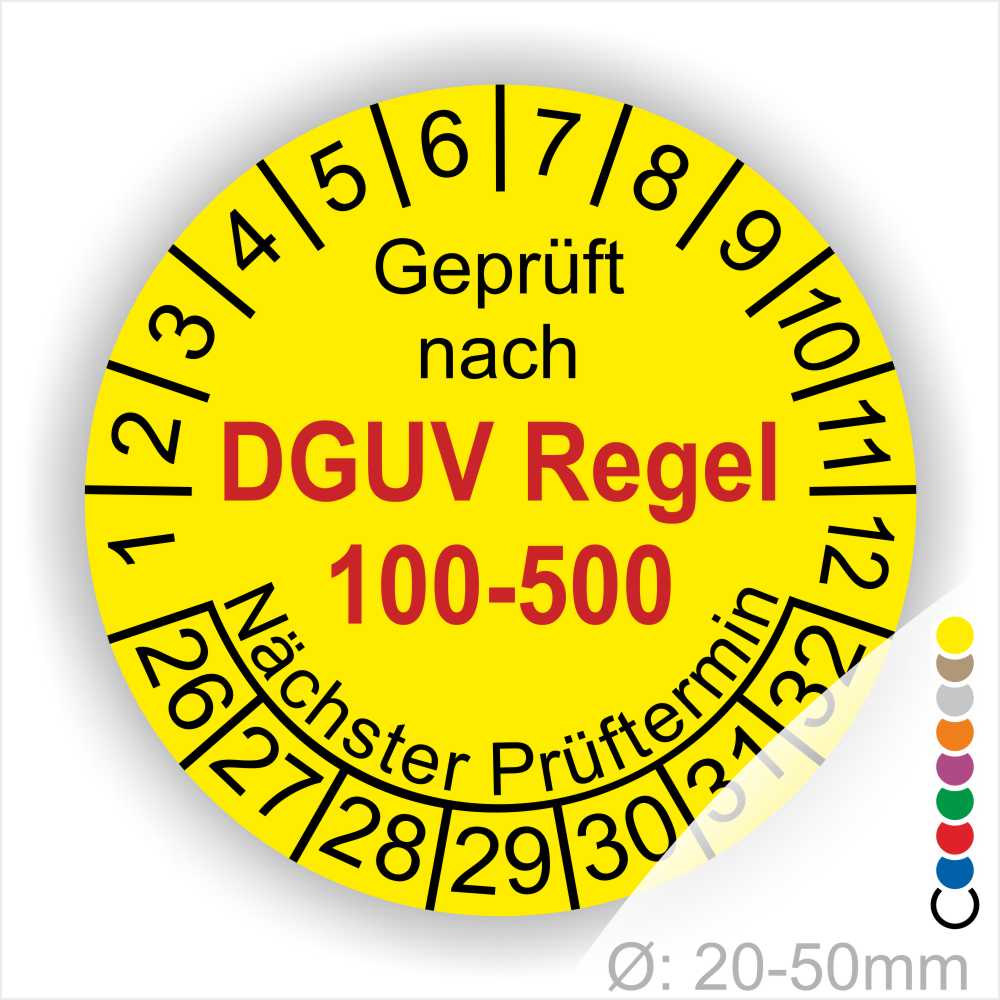 Prüfplakette, Wartungsplakette rund mit Text geprüft nach DGUV Regel 100-500 Nächster Prüftermin. Plaketten Farbe- Gelb und Text in Schwarz. Monatszahlen oben und Jahreszahlen unten beginnend mit Startjahr- 26 für Prüfung zum Betreiben von Arbeitsmitteln