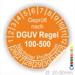 Prüfplakette rund mit Text geprüft nach DGUV Regel 100-500 Nächster Prüftermin. Plaketten Farbe- Orange und Text in Weiß. Monatszahlen oben und Jahreszahlen unten beginnend mit Startjahr- 26. Durchmesser 20-50mm frei wählbar.