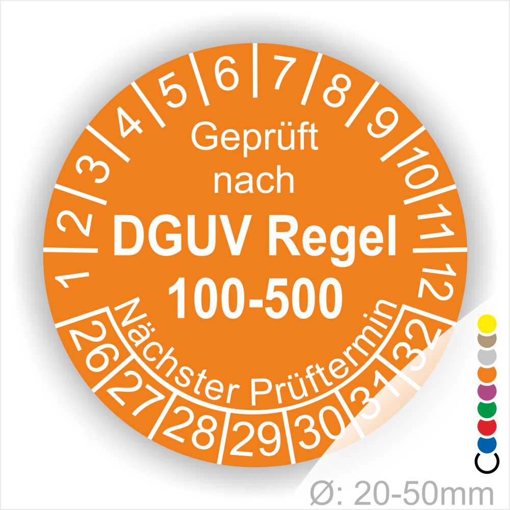 Prüfplakette rund mit Text geprüft nach DGUV Regel 100-500 Nächster Prüftermin. Plaketten Farbe- Orange und Text in Weiß. Monatszahlen oben und Jahreszahlen unten beginnend mit Startjahr- 26. Durchmesser 20-50mm frei wählbar.