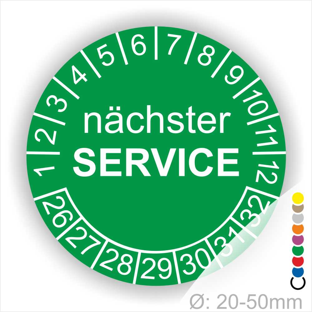 Prüfplaketten, Prüfetiketten rund, Farbe- Grün, Text "nächster SERVICE" in Weiß. Startjahr- 26, Monatszahlen Oben und Jahreszahlen Unten in Kreisform.
