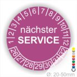 Prüfplaketten, Prüfetiketten rund, Farbe- Lila, Text "nächster SERVICE" in Weiß. Startjahr- 26, Monatszahlen Oben und Jahreszahlen Unten in Kreisform.