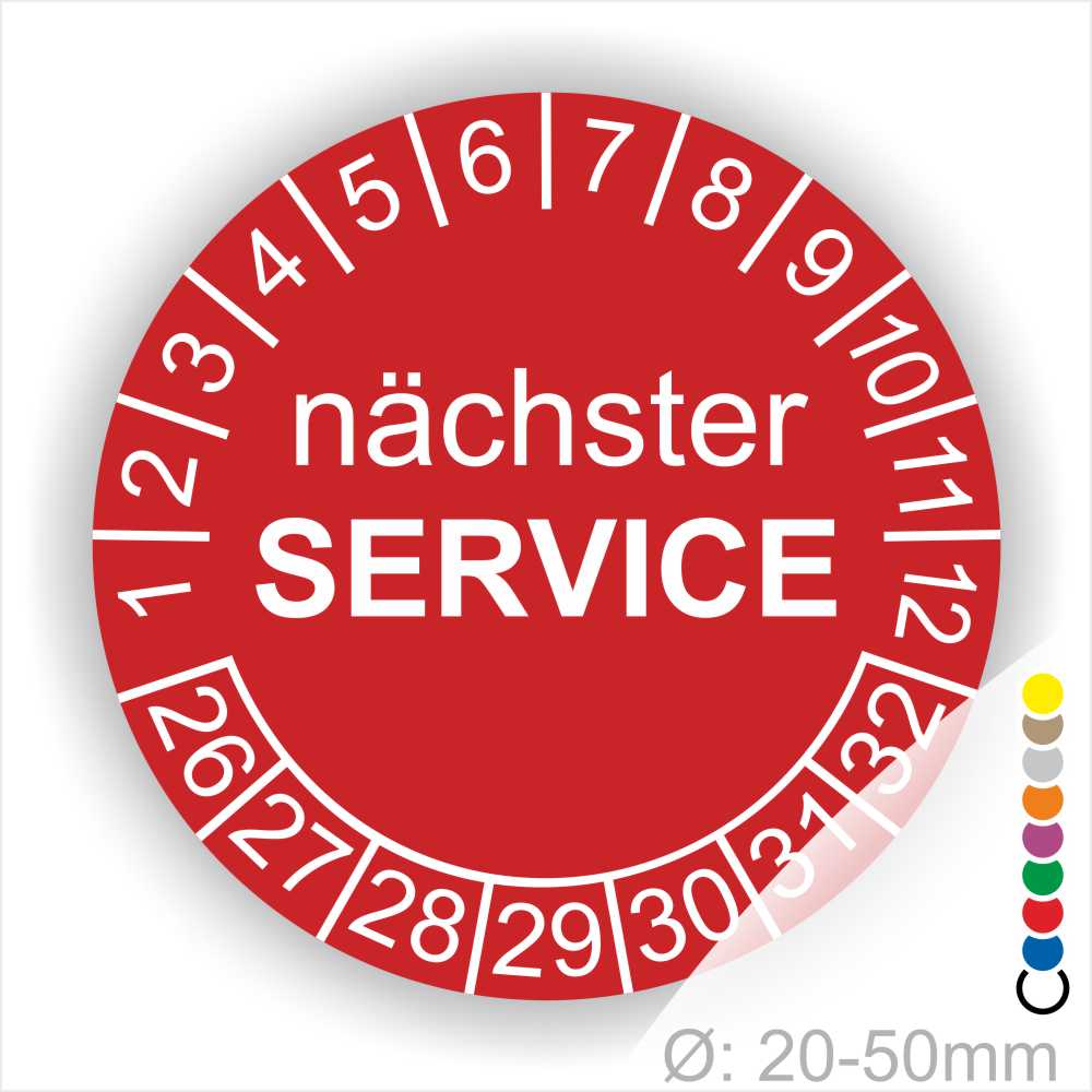 Prüfplaketten, Prüfetiketten rund, Farbe- Rot, Text "nächster SERVICE" in Weiß. Startjahr- 26, Monatszahlen Oben und Jahreszahlen Unten in Kreisform.